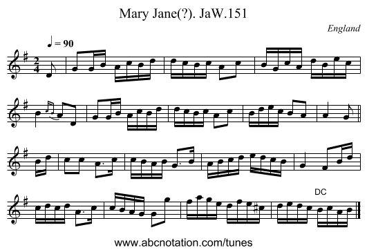 Mary Jane(?). JaW.151 - staff notation