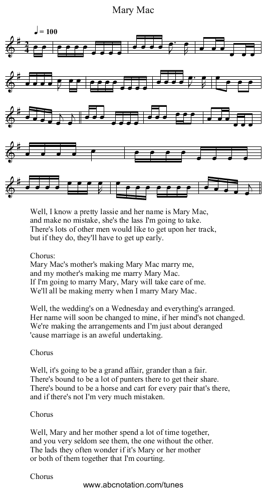 Mary Mac - staff notation