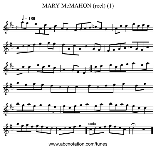 MARY McMAHON (reel) (1) - staff notation