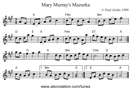Mary Murray's Mazurka - staff notation
