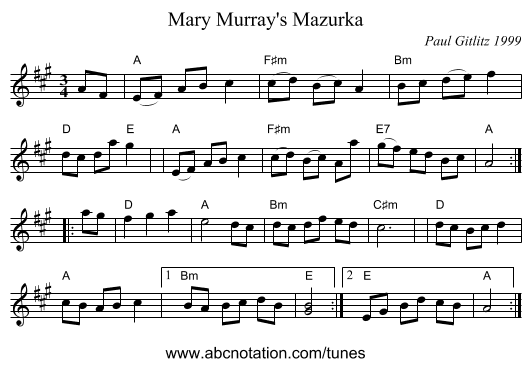 Mary Murray's Mazurka - staff notation
