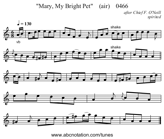 Mary, My Bright Pet    (air)    0466 - staff notation