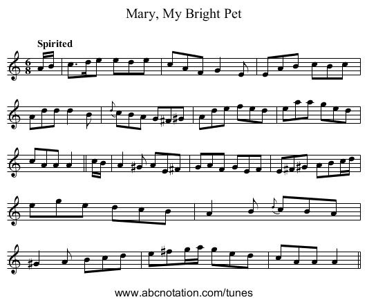 Mary, My Bright Pet - staff notation