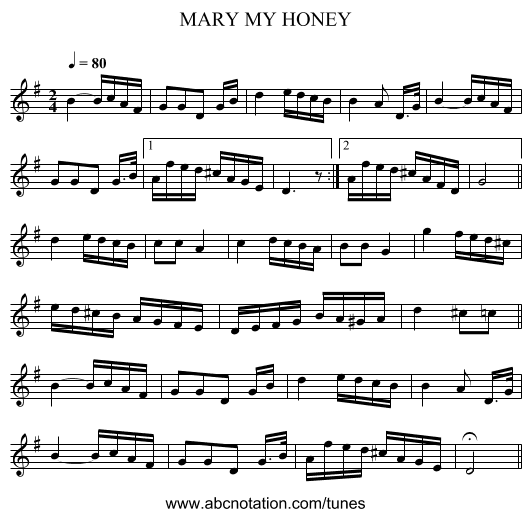 MARY MY HONEY - staff notation