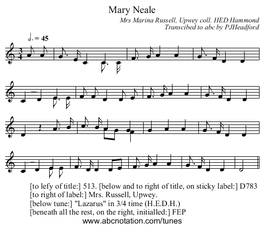 Mary Neale - staff notation