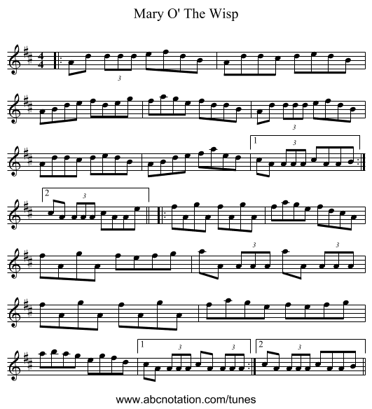 Mary O' The Wisp - staff notation