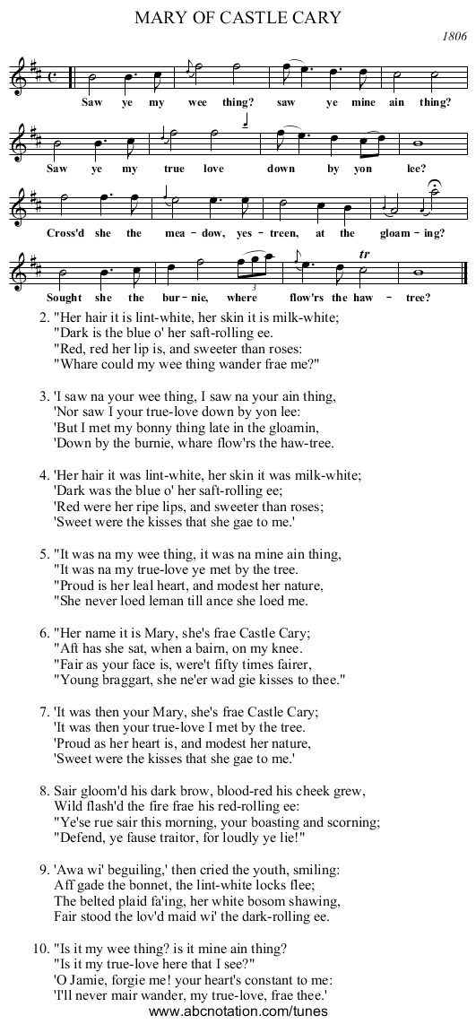 MARY OF CASTLE CARY - staff notation