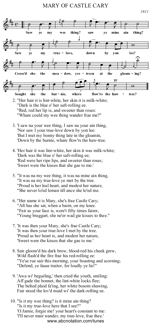 MARY OF CASTLE CARY - staff notation