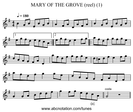 MARY OF THE GROVE (reel) (1) - staff notation