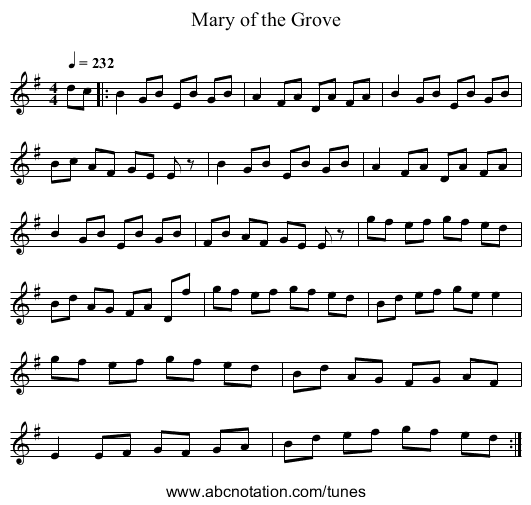 Mary of the Grove - staff notation