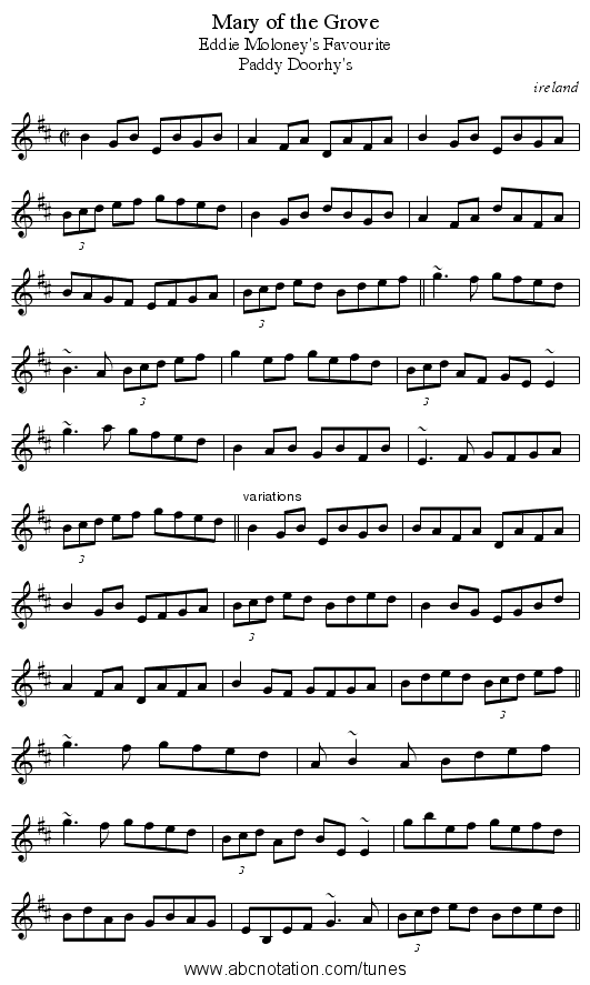 Mary of the Grove - staff notation