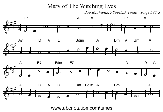Mary of The Witching Eyes - staff notation