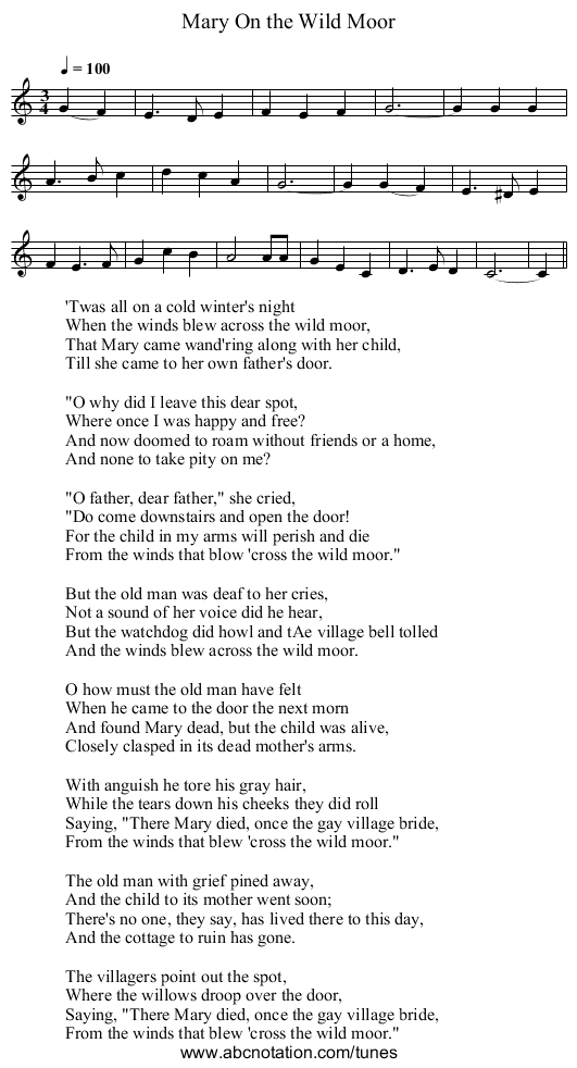 Mary On the Wild Moor - staff notation