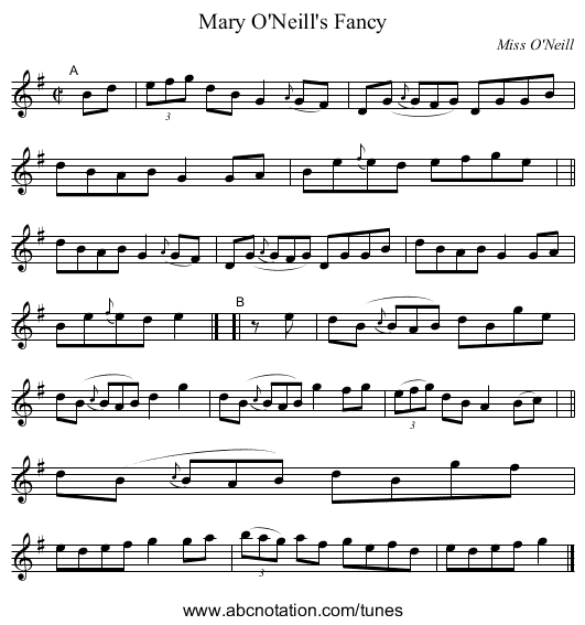 Mary O'Neill's Fancy - staff notation