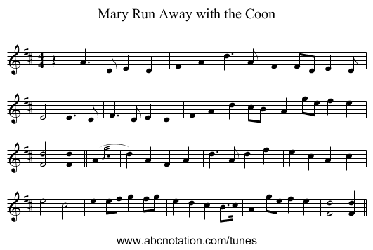 Mary Run Away with the Coon - staff notation