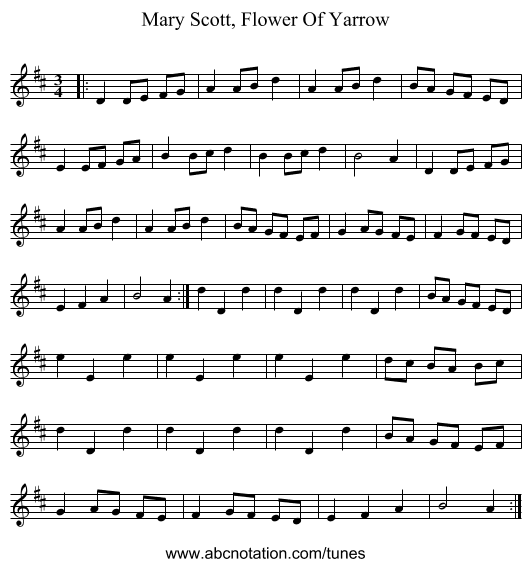 Mary Scott, Flower Of Yarrow - staff notation