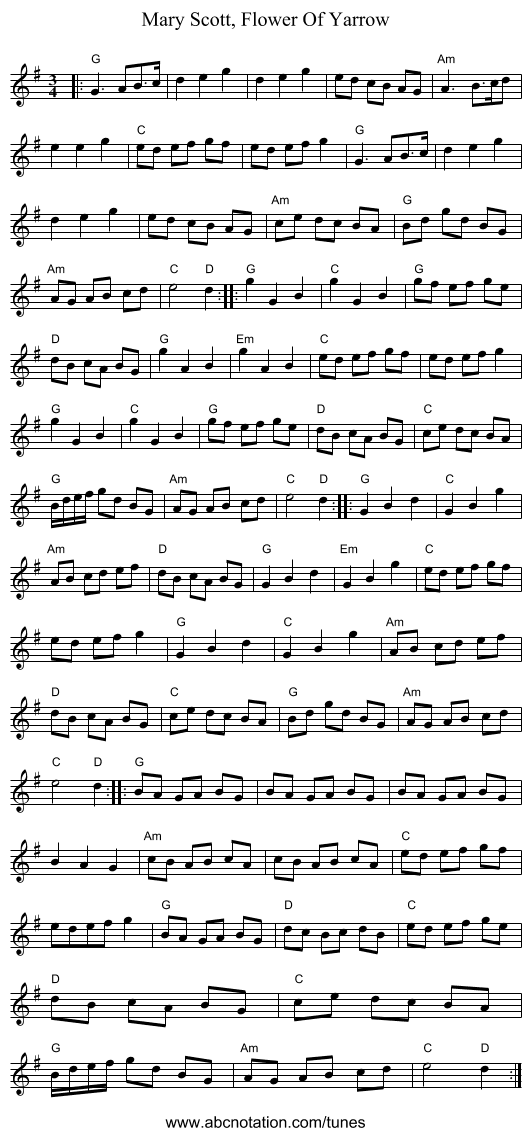 Mary Scott, Flower Of Yarrow - staff notation