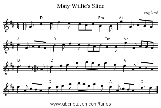 Mary Willie's Slide - staff notation