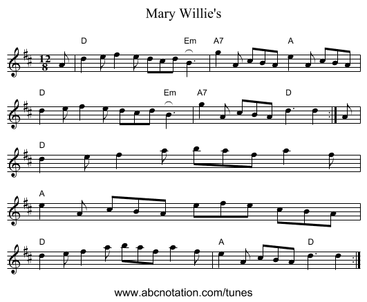 Mary Willie's - staff notation