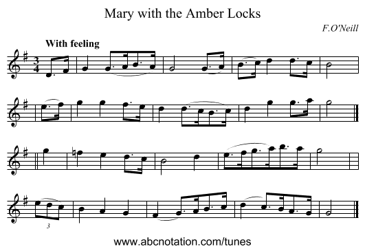 Mary with the Amber Locks - staff notation