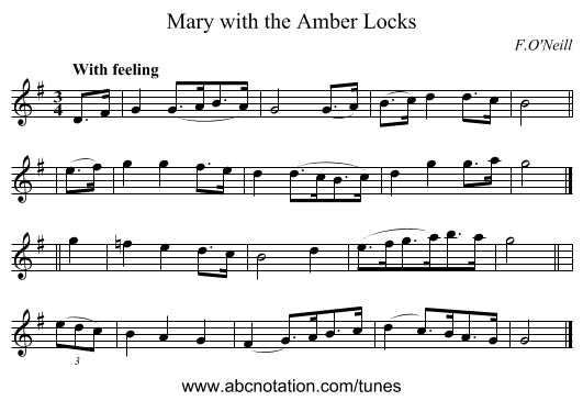 Mary with the Amber Locks - staff notation