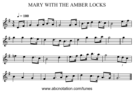 MARY WITH THE AMBER LOCKS - staff notation
