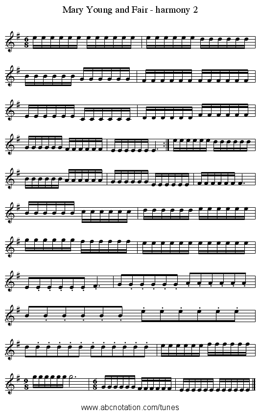 Mary Young and Fair - harmony 2 - staff notation