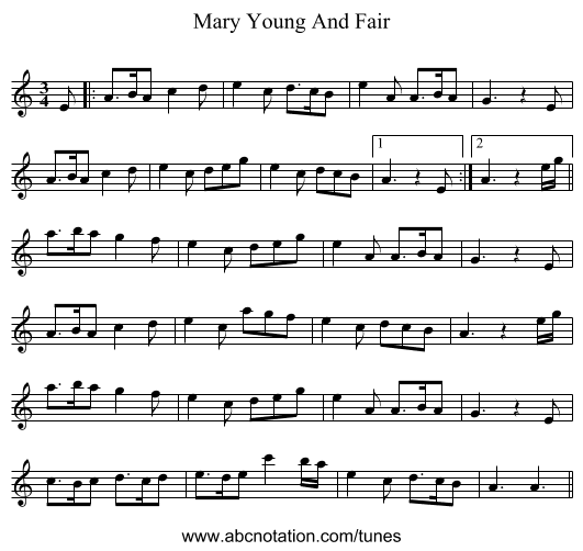 Mary Young And Fair - staff notation