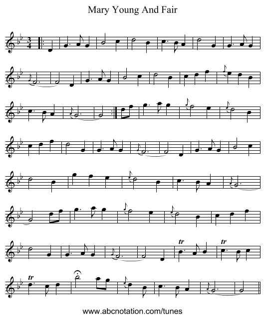 Mary Young And Fair - staff notation