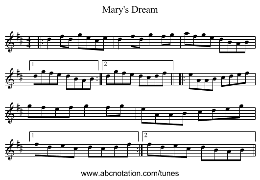 Mary's Dream - staff notation
