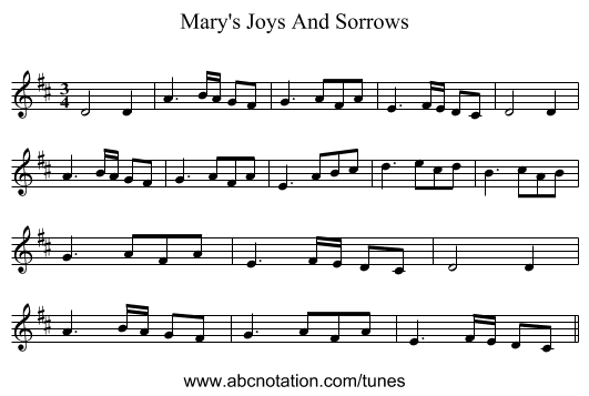 Mary's Joys And Sorrows - staff notation