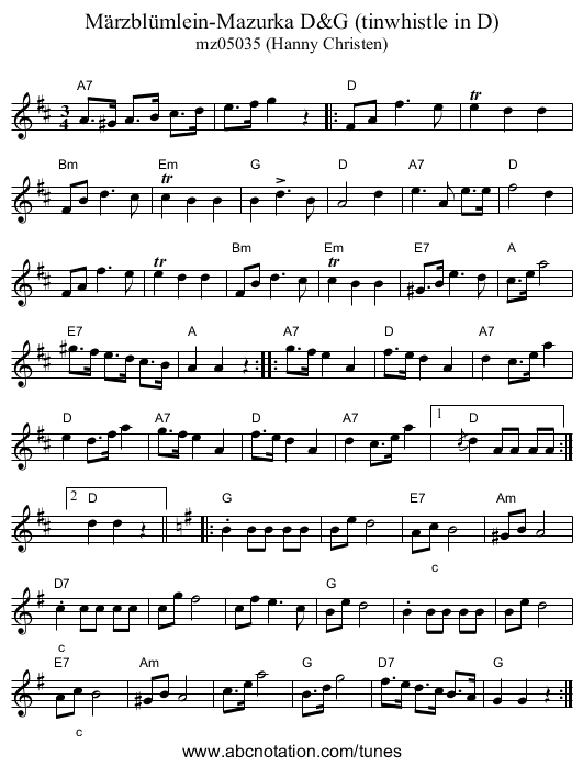 M&auml;rzbl&uuml;mlein-Mazurka D&G (tinwhistle in D) - staff notation