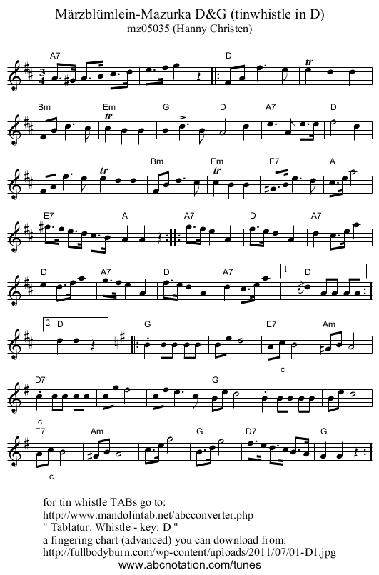 M&auml;rzbl&uuml;mlein-Mazurka D&G (tinwhistle in D) - staff notation