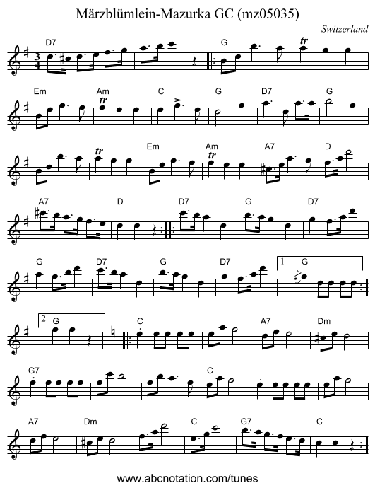 M&auml;rzbl&uuml;mlein-Mazurka GC (mz05035) - staff notation