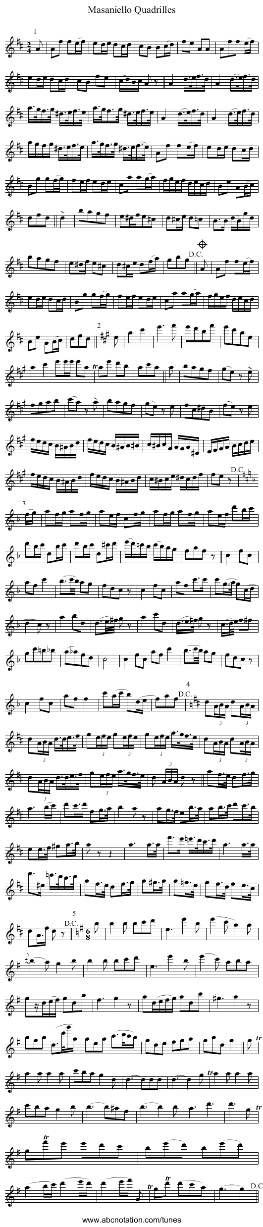 Masaniello Quadrilles - staff notation