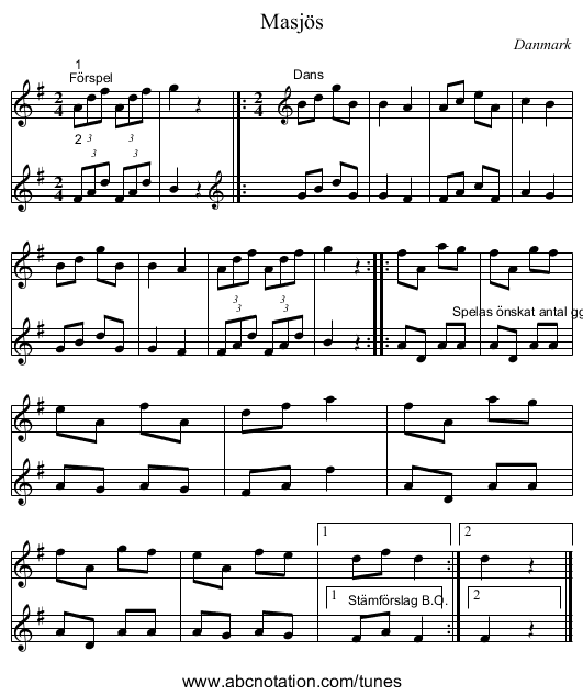 Masjös - staff notation