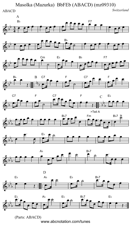 Masolka (Mazurka)  BbFEb (ABACD) (mz09310) - staff notation
