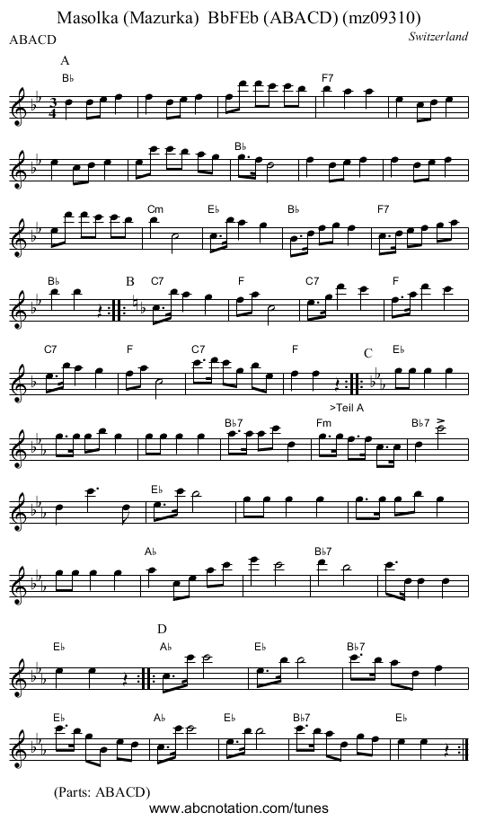 Masolka (Mazurka)  BbFEb (ABACD) (mz09310) - staff notation