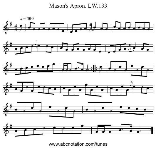 Mason's Apron. LW.133 - staff notation