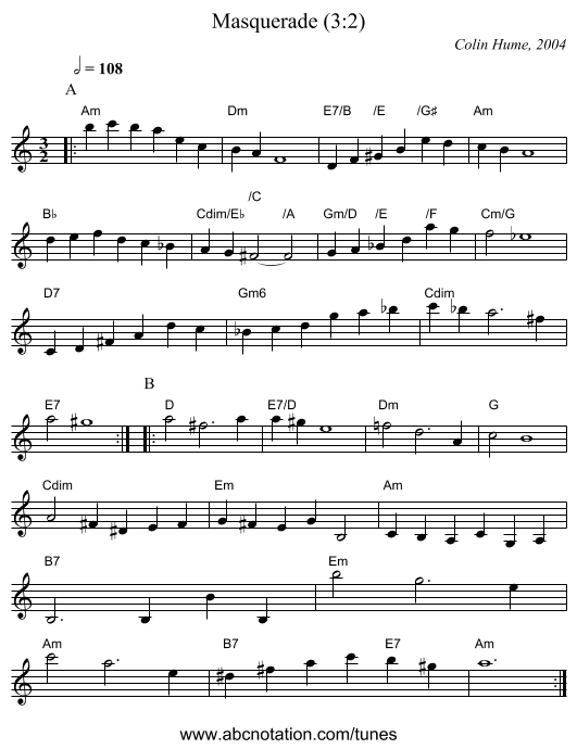 Masquerade (3:2) - staff notation