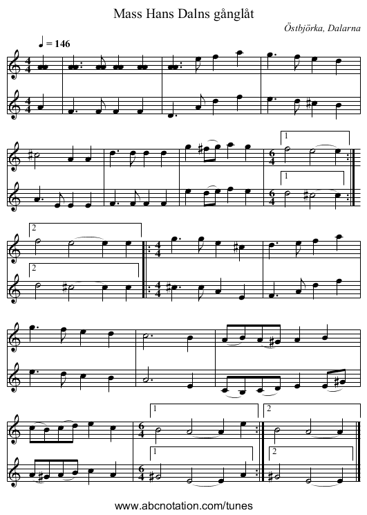 Mass Hans Dalns gånglåt - staff notation