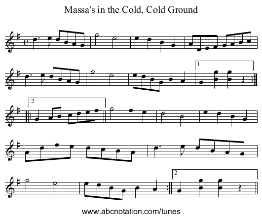 Massa's in the Cold, Cold Ground - staff notation