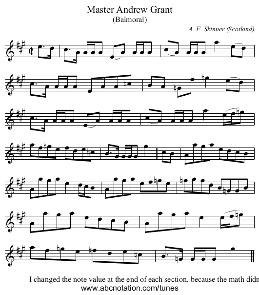 Master Andrew Grant - staff notation