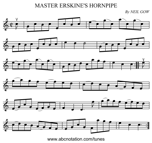 MASTER ERSKINE'S HORNPIPE - staff notation