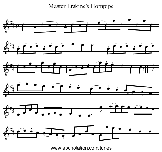 Master Erskine's Hornpipe - staff notation