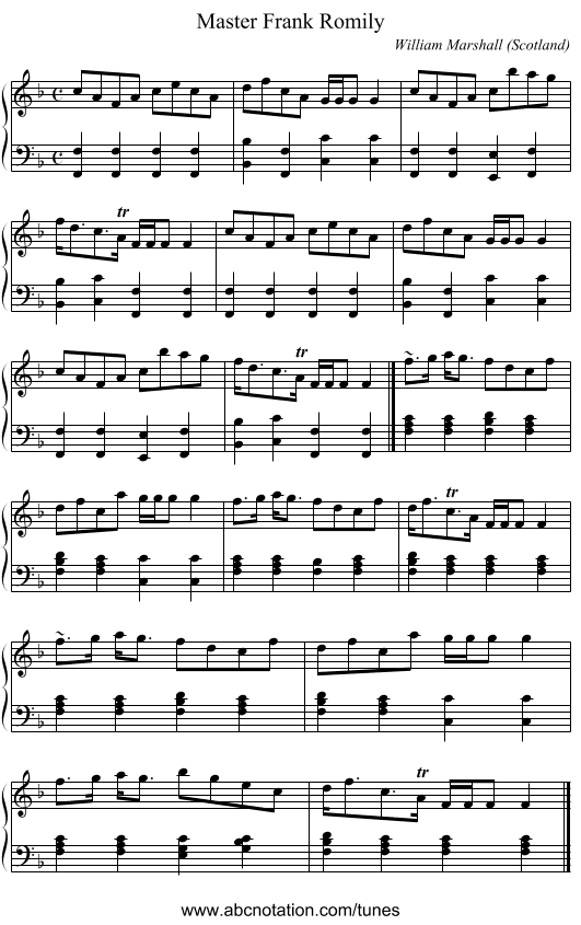 Master Frank Romily - staff notation
