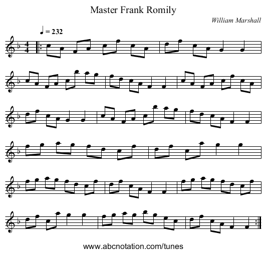 Master Frank Romily - staff notation