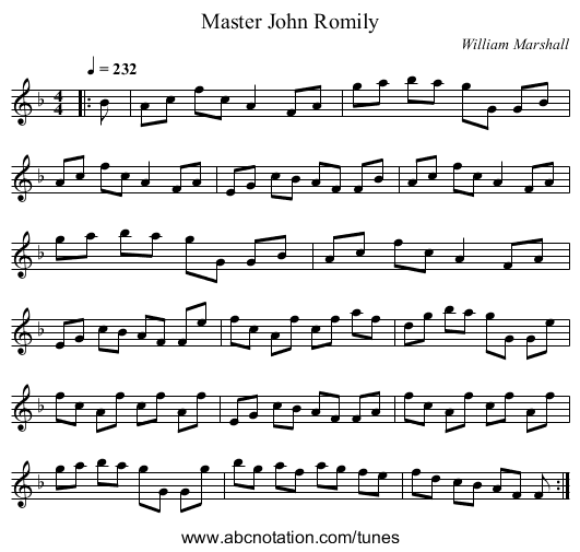 Master John Romily - staff notation