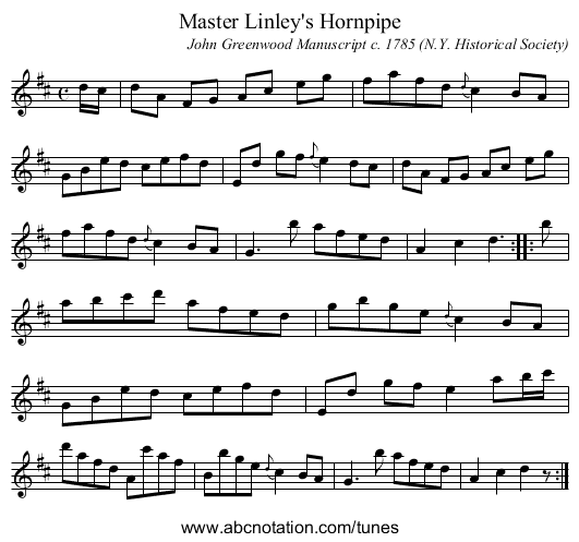 Master Linley's Hornpipe - staff notation