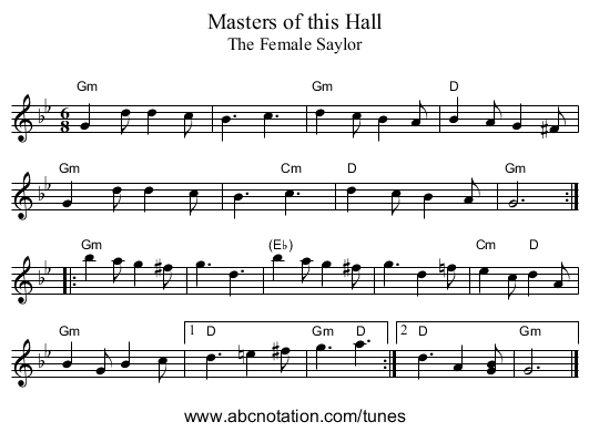Masters of this Hall - staff notation